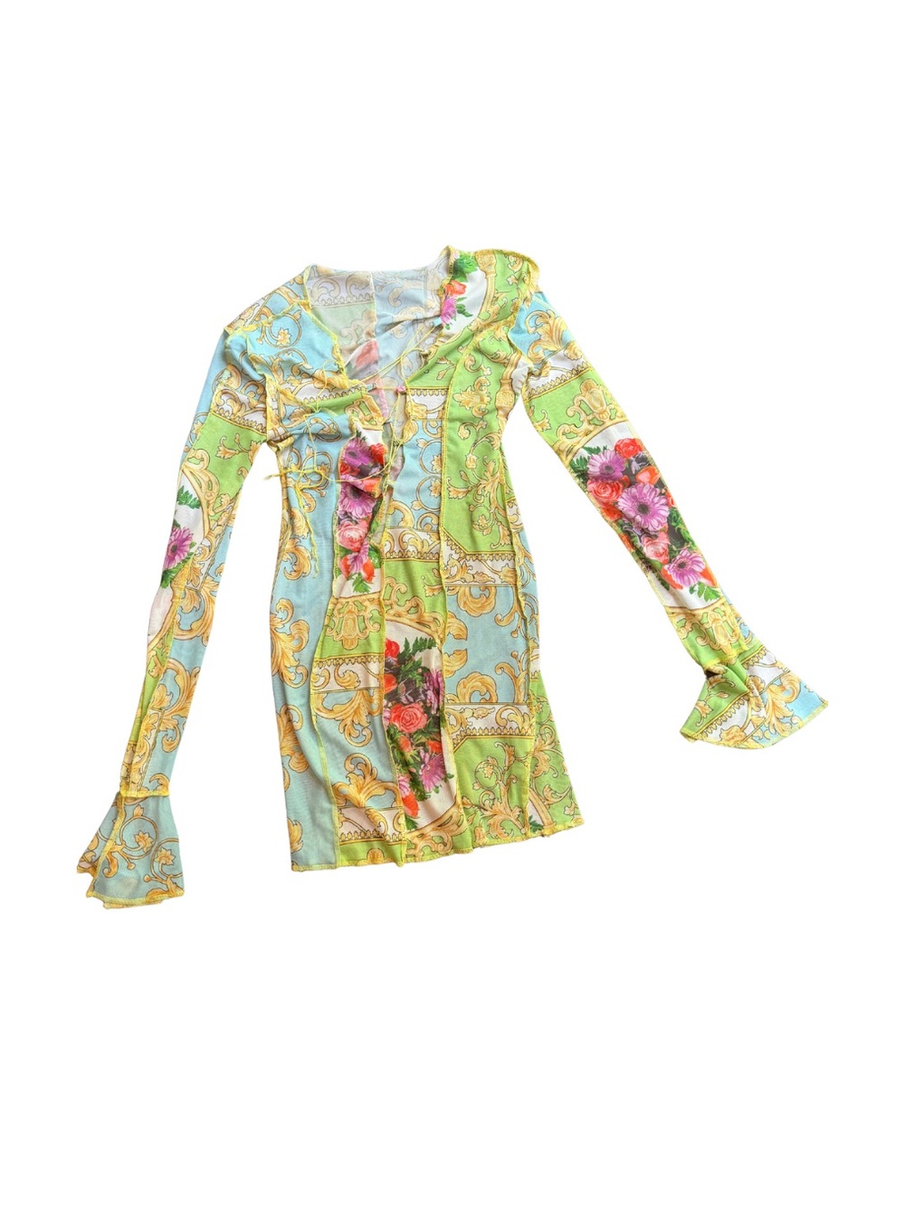 Green & Light Blue Floral Patchwork Long-Sleeve Dress